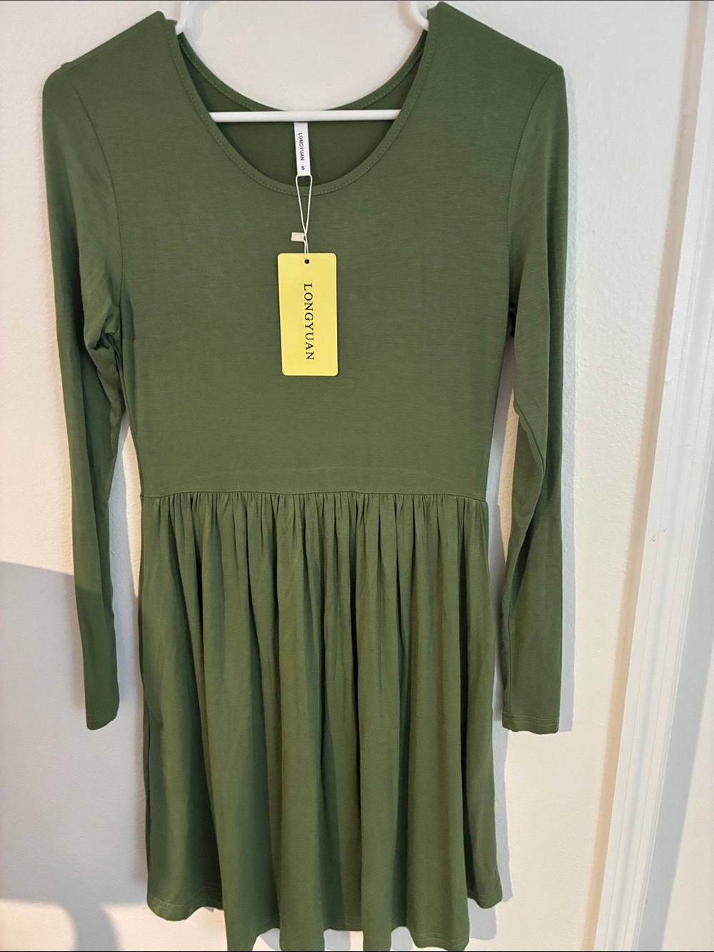 LONGYUAN Olive Green Long Sleeve Gathered Waist Dress - Scoop Neck